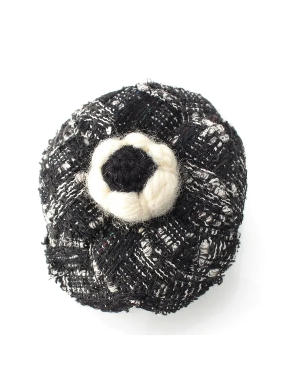 Chanel Tweed Wool Contrast Flower Motif Corsage Brooch Black White